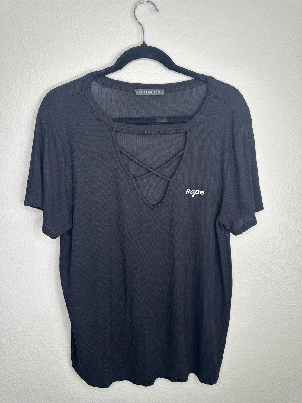 West Coast Love Shirt Womens Large Black Criss Cross Neck Short Sleeve Rope Tee